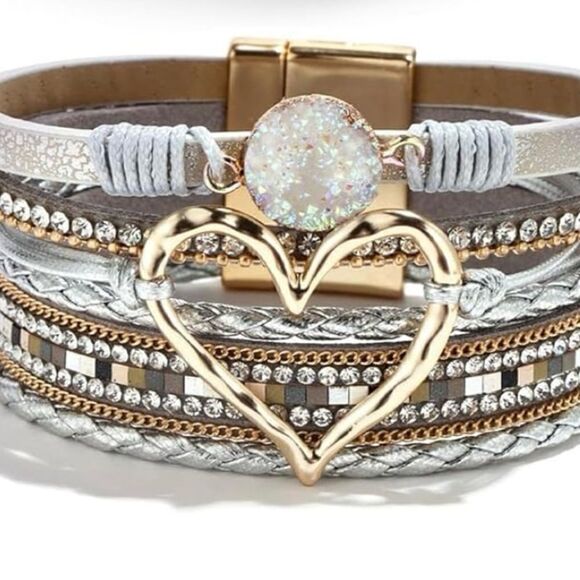 Silver Bohemian Heart Rhinestone Magnetic Buckle Bracelet - Picture 4 of 4